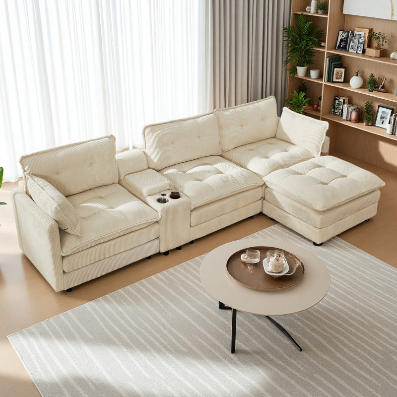 Canapé modulaire surdimensionné en velours côtelé de 119 po avec 1 repose-pieds et 1 console multifonctionnelle, canapé rembourré 4 places avec port USB et 2 porte-gobelets