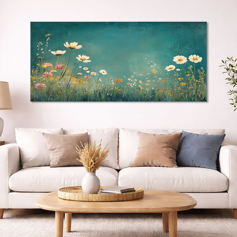 Décoration murale bleu sarcelle printemps fleurs sauvages II - prairie blanche, Toile tendue, H 28 po x l 60 po
