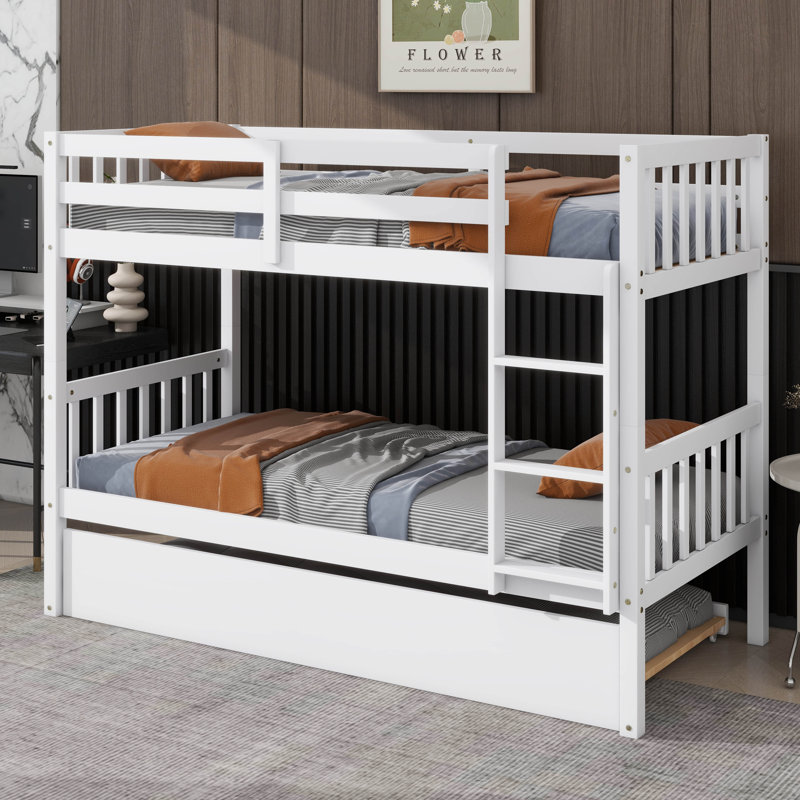 Twin-On-Twin Rubber Wood Bunk Bed Featuring Trundle, Transformable Into Two Separate Beds, White