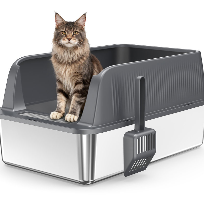 Bac à litière pour chat fabriqué en acier inoxydable et en ABS, à haut côtés pour arrêter les fuites, crochet inclus, odeur, lavable, profondeur de 23,32 po, largeur de 14,18 po, hauteur de 10,15 po, 3,32 lb avec design, pour le rangement