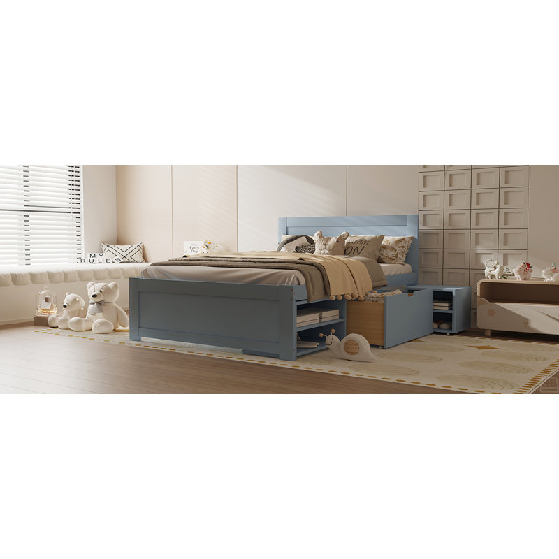 Lit plateforme double avec tiroir et deux tablettes, Gris, Lit double