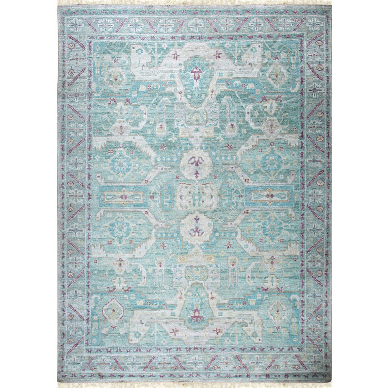 Green Hand-Knotted Silk Faded Turquoise Medallions Tribal Modern Contemporary Carpet Rug, 10' x 14'