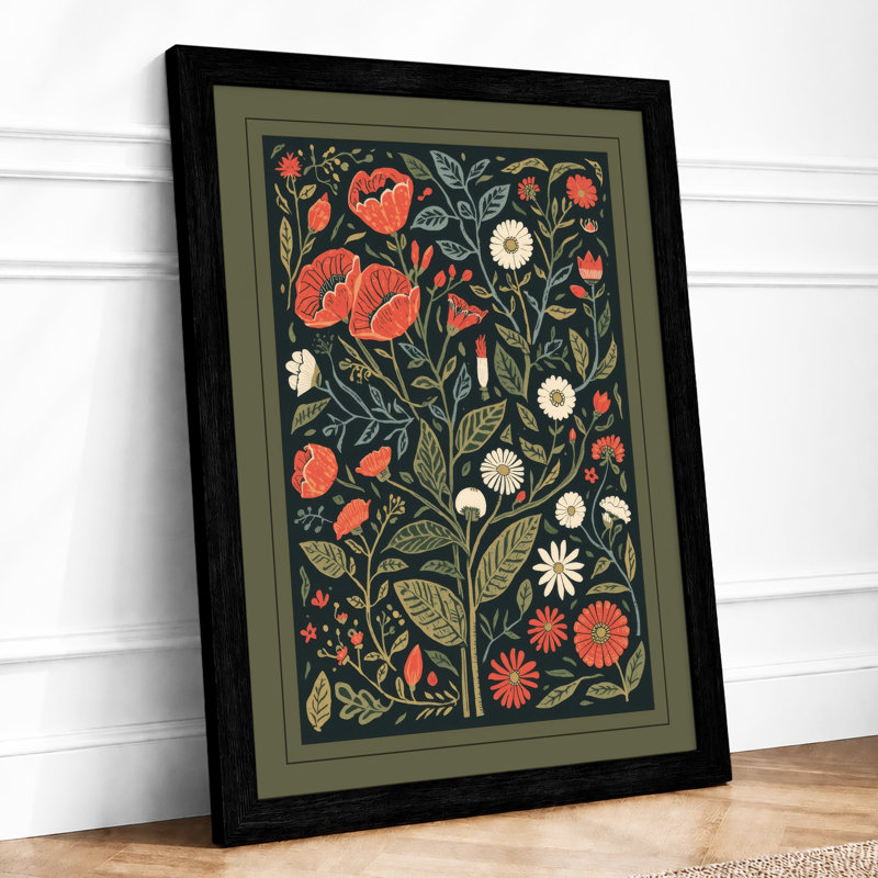Poppy Garden Pattern Botanical - Framed Print, A2 - 59.4 x 42.0 cm, Black