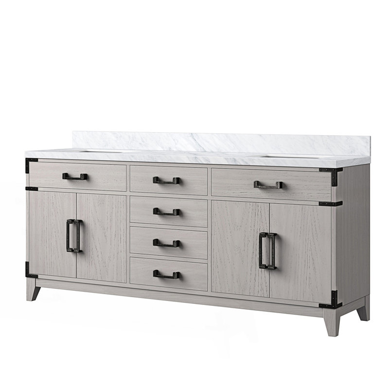 72 po X P 22 po Meuble-lavabo double D avec comptoir en marbre de Carrare, Chêne blanc, 72"