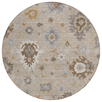 Tapis extérieur rond lavable floral 8 'argenté et gris taupe