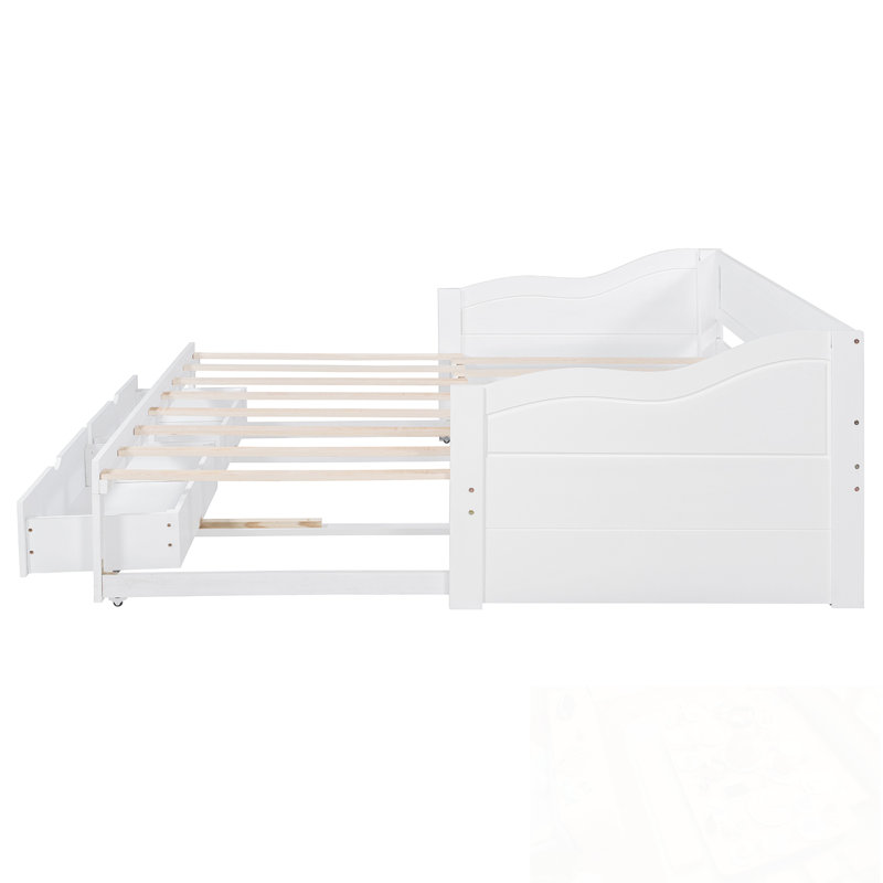 Lit simple en bois avec lit gigogne et deux tiroirs de rangement, Blanc