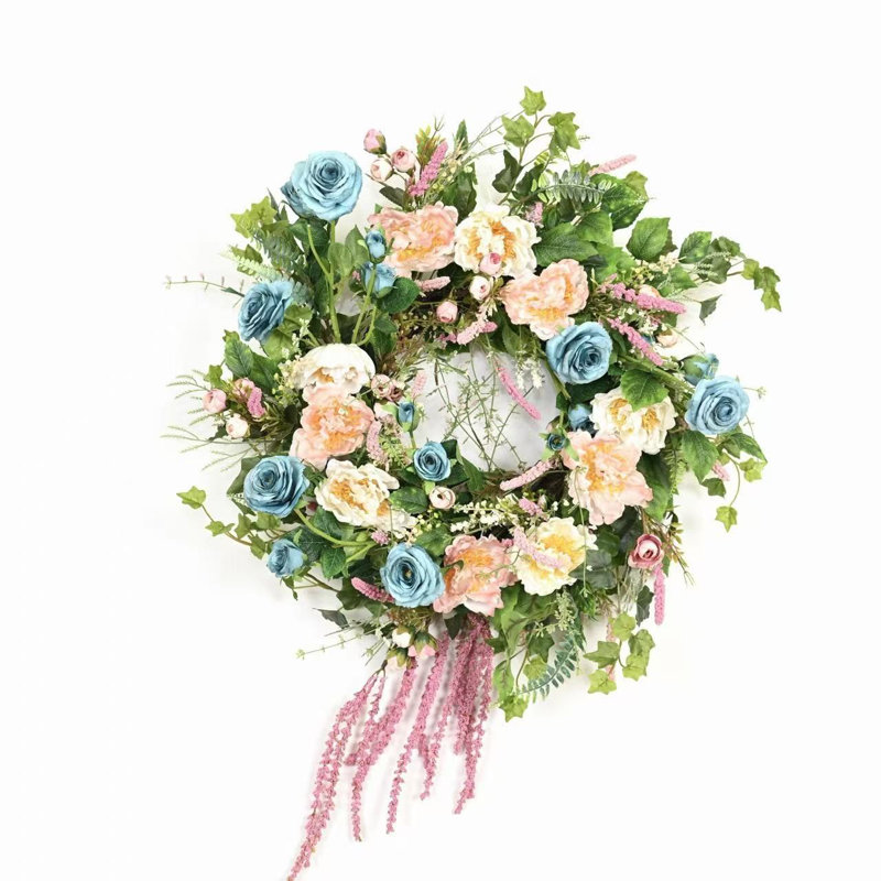 Couronne de fleurs artificielle 26 po avec grappe de baies et de pivoines