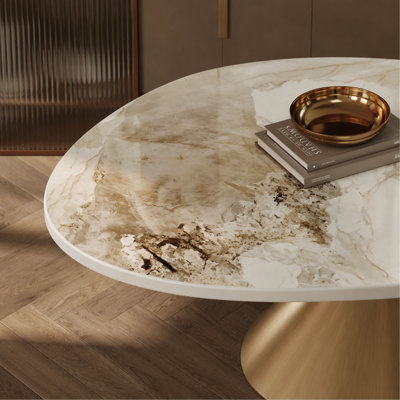Table basse ovale en faux marbre de 125 cm (49,2 po), piètement contemporain en acier inoxydable, table centrale moderne pour salon