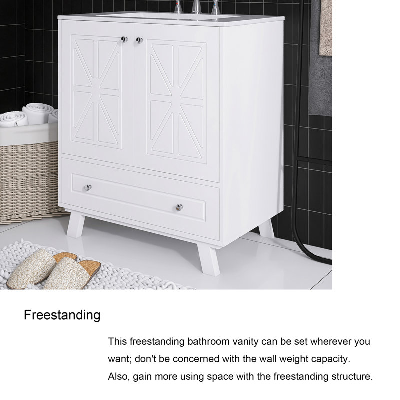 White MDF Single Sink Freestanding Bath Vanity with Ceramic Top