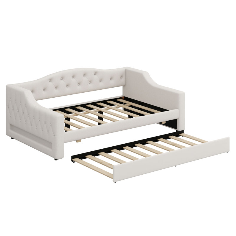 Upholstered Daybed With LED Belt And Trundle, Beige