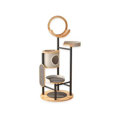 Modern Minimalist Wood & Metal Cat Tree with Sisal Post & Multi-Level Perches