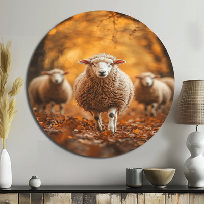 «Autumn Wanderers Sheep Portrait II», reproduction d'art en métal brun moderne, décoration murale ronde en métal moutons