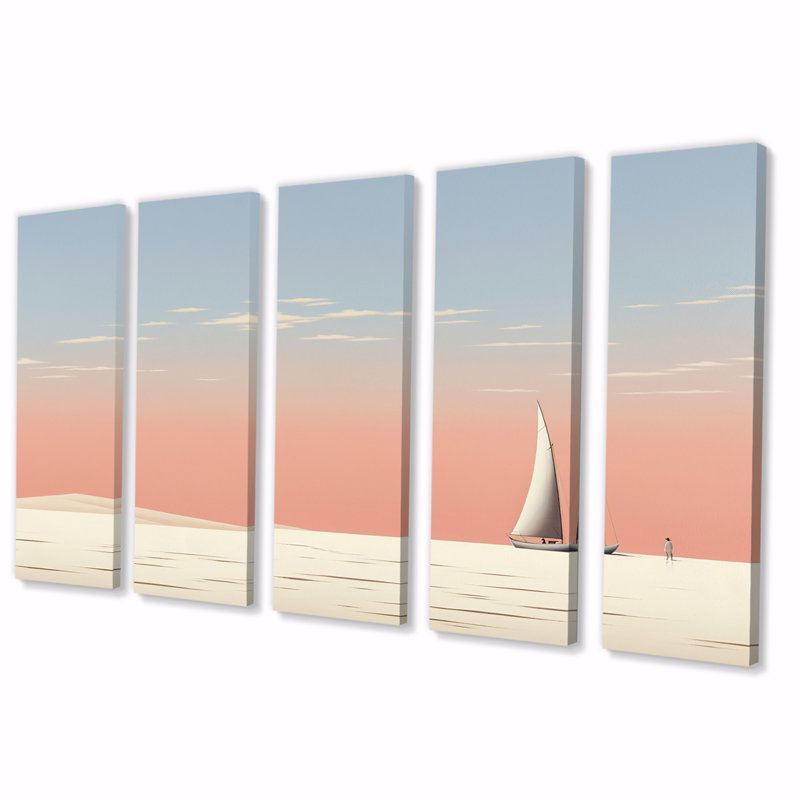 Voilier naviguant dans un coucher de soleil rose - décoration murale bateau - 5 panneaux égaux