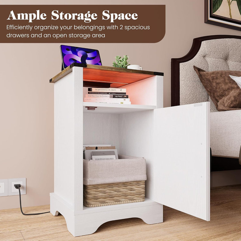  Nightstand w/ LED Lights & Charging Station, Set of 2, Antique White