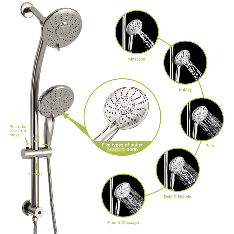Pomme de douche double 5 "en nickel brossé avec barre coulissante réglable - 5 modes pour une expérience personnalisée et une expérience de salle de bain