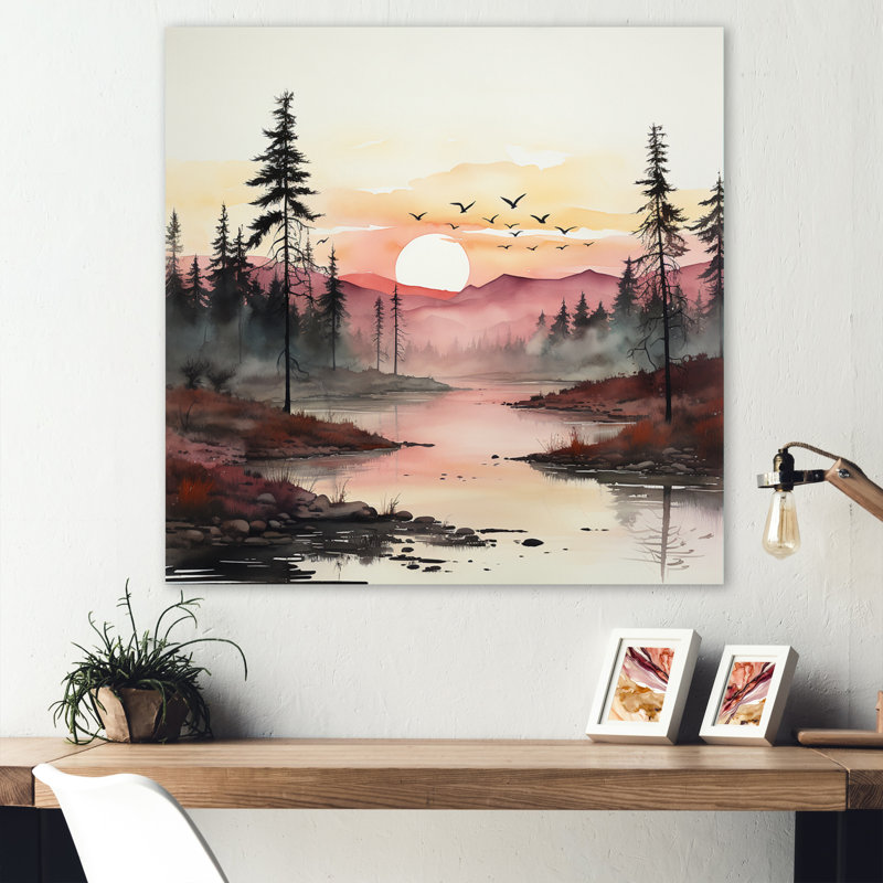 Coucher de soleil rose sur un lac - reproduction sans cadre sur métal, H 29 po x l 29 po x P 1 po