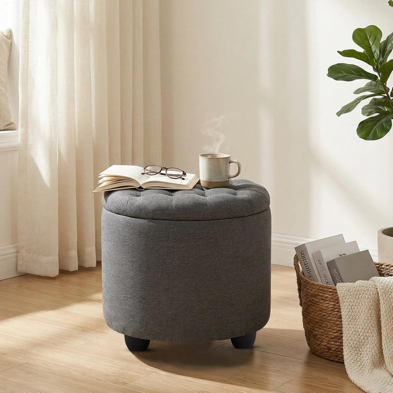 Modern Round Storage Ottoman, 18.75"W Linen Upholstered Pouf Stool with Hidden Storage for Living Room, Bedroom, Gray Linen