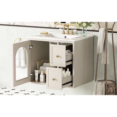 Ensemble de meuble-lavabo mural 24 po pour petit espace, armoire de salle de bain avec lavabo en céramique, 2 tiroirs et 1 porte à fermeture en douceur
