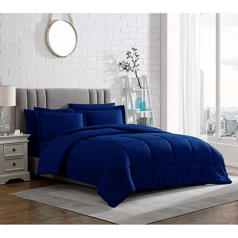 Box Stitch Comforter, Navy, Queen Comforter + 2 Queen Shams