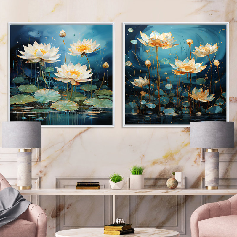 Fantaisie aquatique surréel sur lotus, H 16 po x l 33 po, Cadre flottant blanc