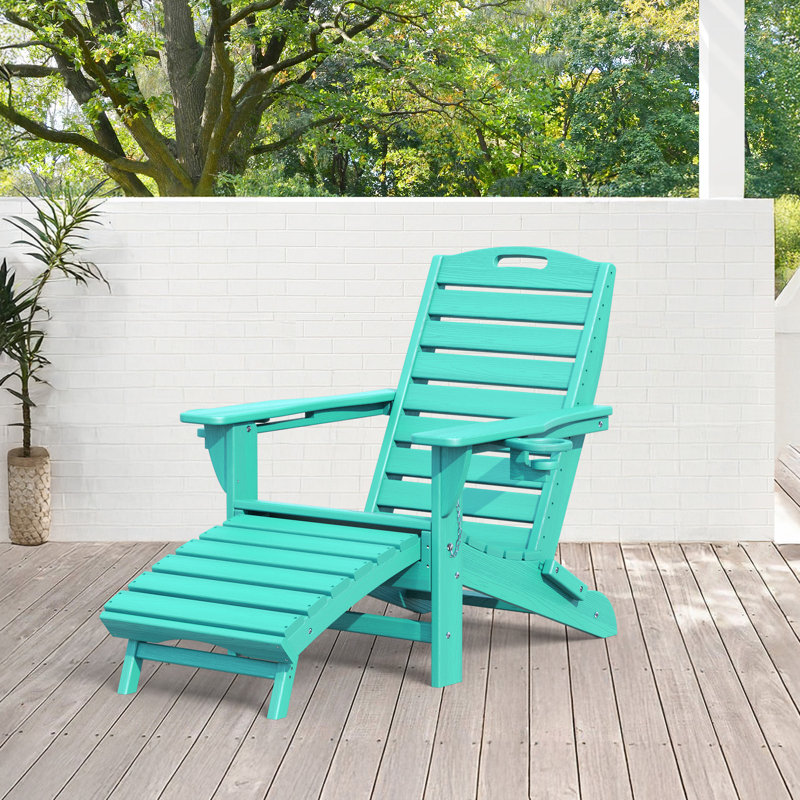 HDPE Adirondack Foldable Chair with Retractable Ottoman, Lake Blue