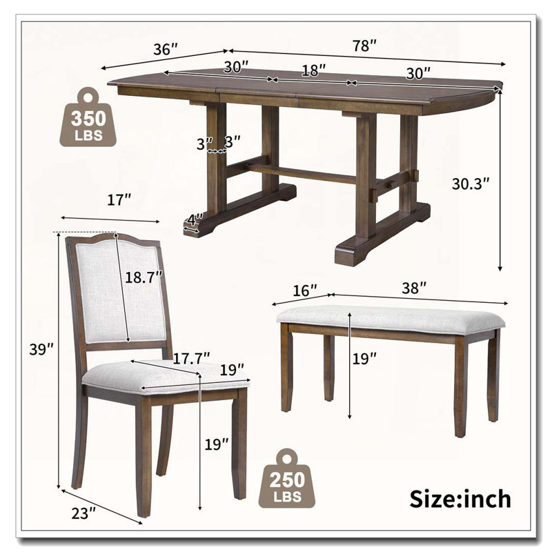 Ensemble de table de salle à manger 6 pièces, avec 4 chaises d'appoint rembourrées et banc, Beige et brun