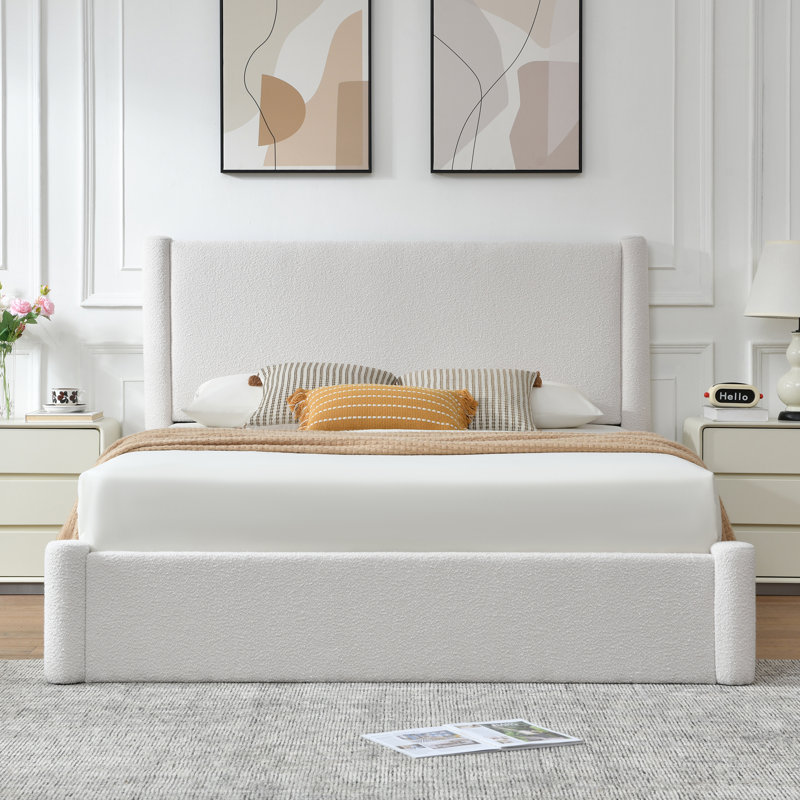 Lit plateforme tapissier avec rangement Braya Luxury Boucle, Lit double, Bouclé blanc