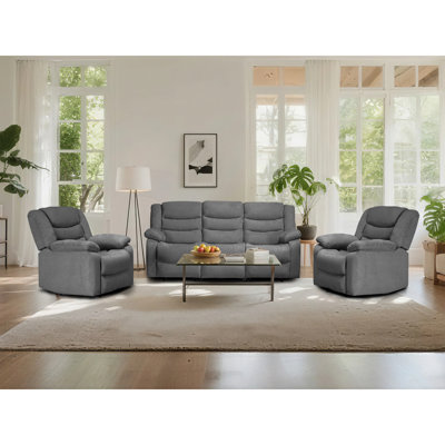Frithiof Living Room Set 3-Piece Microfiber Manual Recliner Couch Set With Two 1-Seat Recliners,3-Seat Recliner, Drop Table & Cup Holders