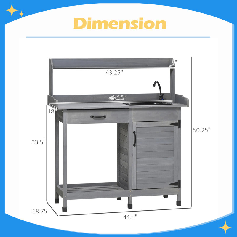 Banc d'extérieur avec lavabo, robinet et tiroir pour serre, jardin et patio, Gray