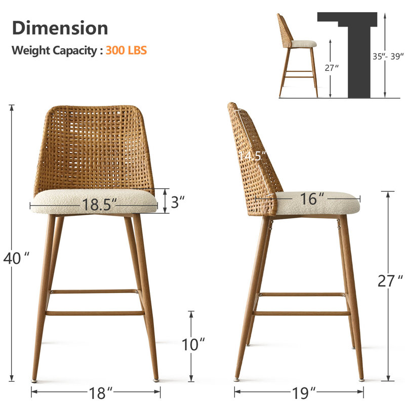 Camili Set of 4 Rattan 27" Upholstered Boucle Full Back Counter Stool