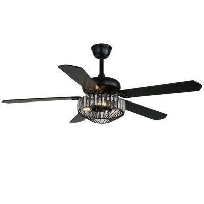 52'' Modern Black Crystal Ceiling Fan with 3 Lights, 5 Wood Blades, DC Motor, Dual Downrods for Living Room, Dining Room or Open-Concept Spaces