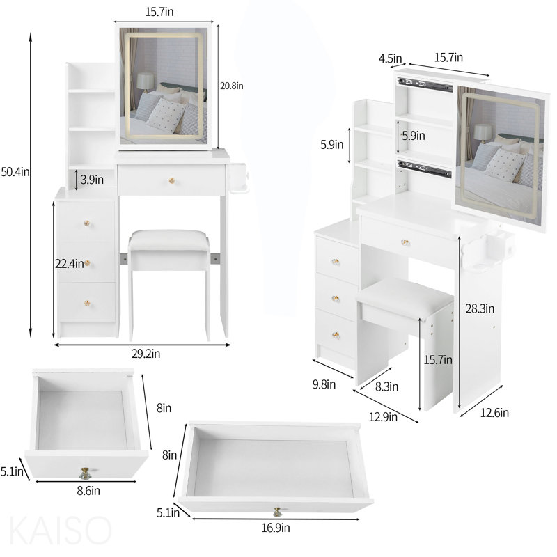 Petite coiffeuse de 29,2 po avec tabouret de chevet gauche + tabouret rembourré, centrale électrique 2 AC + 2 USB, support pour séchoir à cheveux, très grand miroir coulissant à commande tactile, changement de luminosité tricolore, réglage de la luminosité