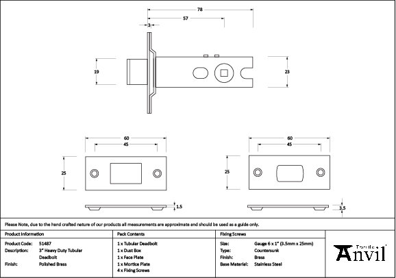 Heavy Duty Tubular Deadbolt, Polished Brass