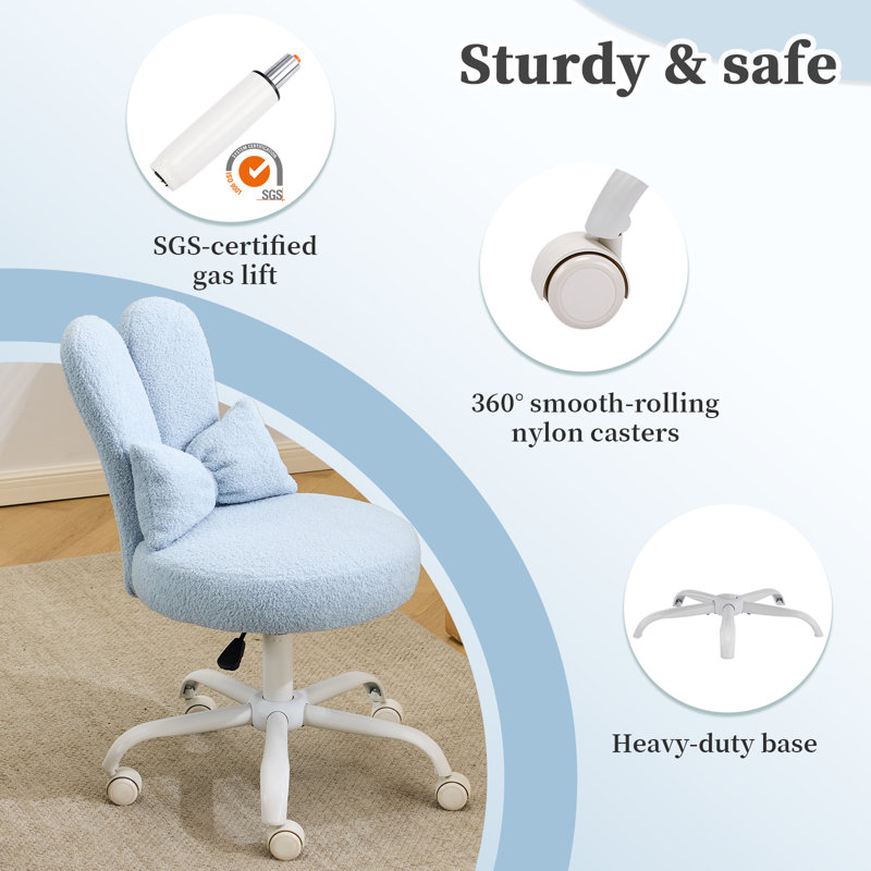 Adjustable Bow Teddy Fabric Bunny Ear Swivel Accent Chair Office Chair For Home Office Vanity, Blue