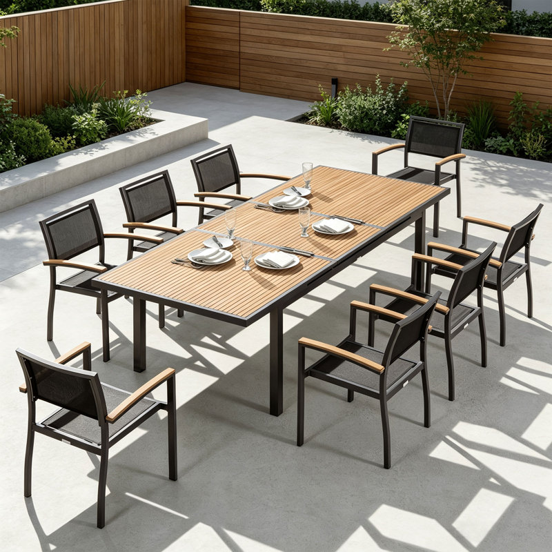 Ensemble repas d'extérieur rectangulaire pour 8 personnes avec plateau en teck Heck, 8, Gris anthracite foncé
