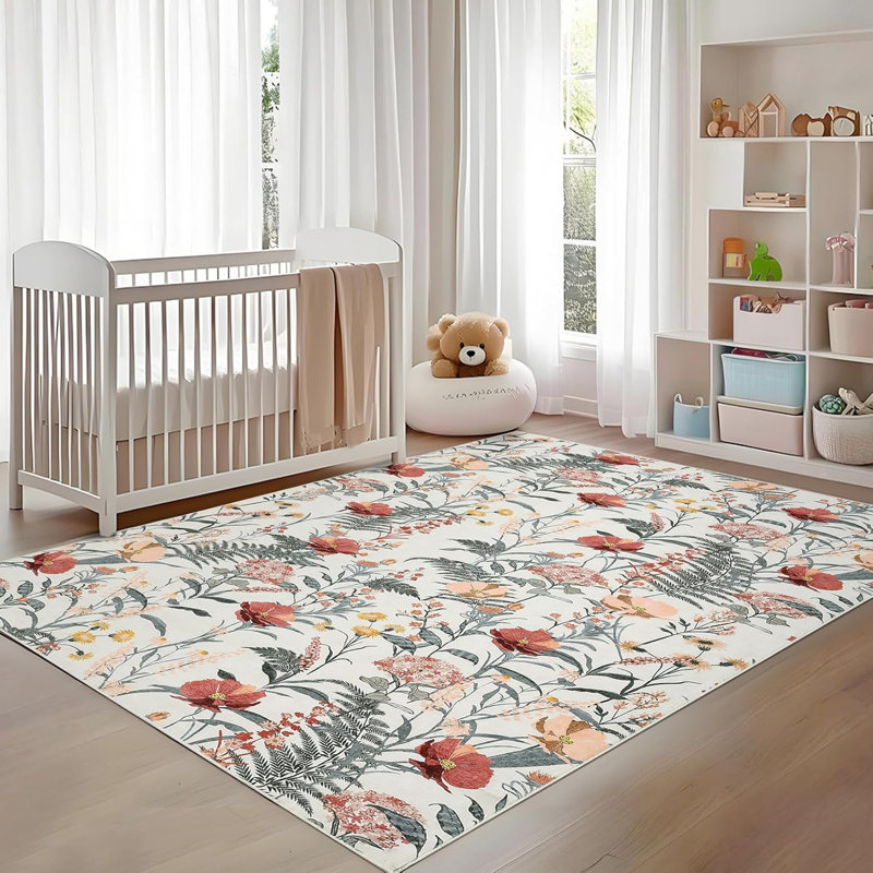 Washable 8x10 Area Rug with Non-Slip Backing, Low Pile Modern Floral Print Carpet for Living Room, Bedroom & Home Office