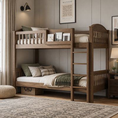 Twin Over Twin Wood Bunk Bed with Guardrails and Storage Shelf