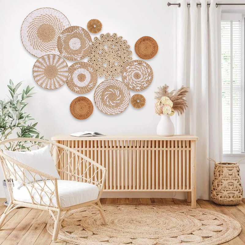 Boho Wall Basket Decor Set Of 11 - Hanging Woven Bulrush Basket Wall Decor, Handcrafted Round Flat Baskets Wall Art, For Rustic Farmhouse?home - Unique Rattan Wicker Wall Decor