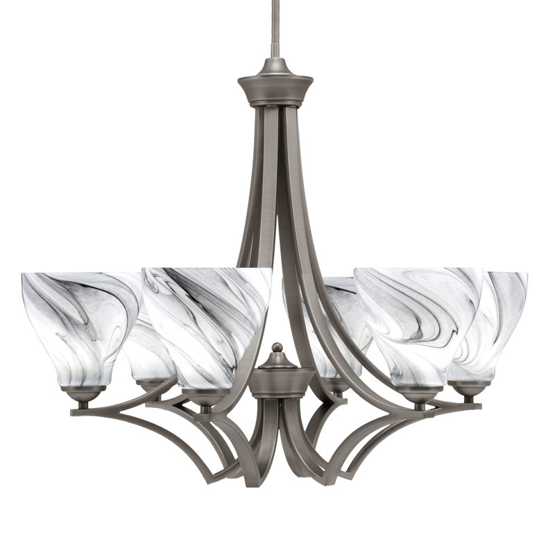 Zilo 6 Light Uplight Chandelier Shown With 6.25" Onyx Swirl Glass, Graphite