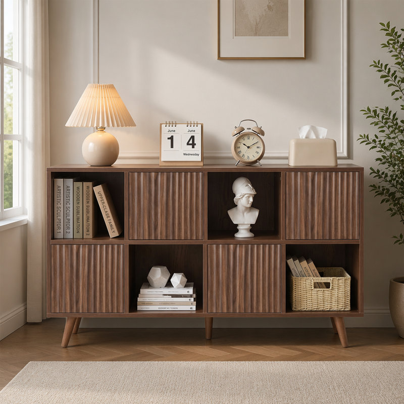 Organisateur de bibliothèque à profil bas en MDF à 8 cubes, armoire de rangement autoportante avec 4 portes à panneau ondulé amovibles, tablette de présentation horizontale robuste pour le bureau de la chambre à coucher