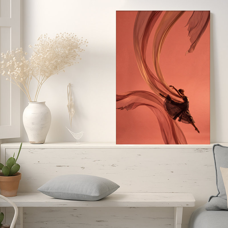 «Danseuse» sautant avec un tissu transparent sur toile rose, 30"H x 20"W