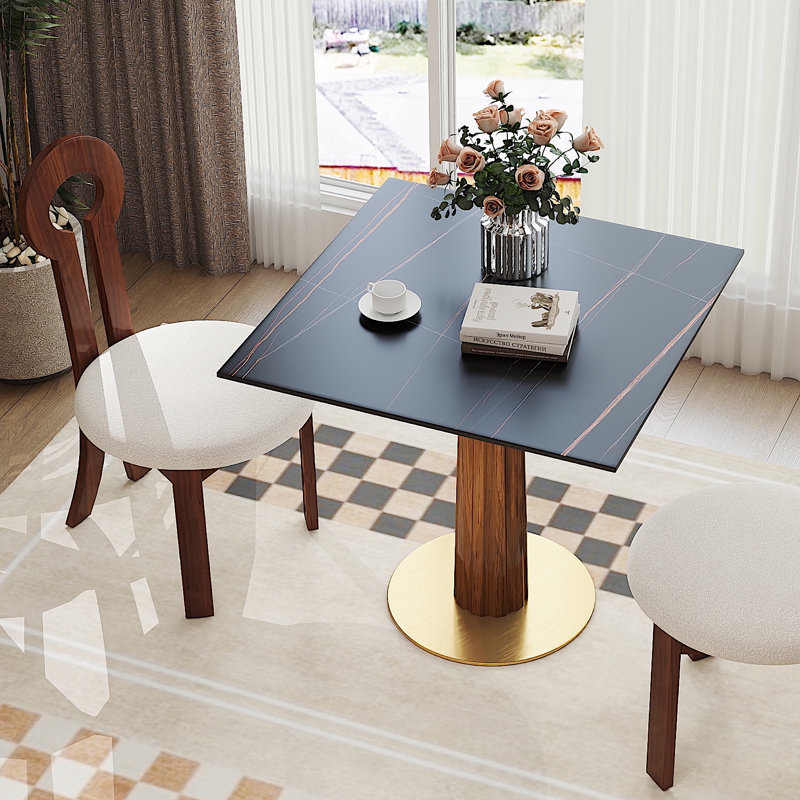 Ensemble de salle à manger moderne 3 pièces avec plateau en pierre frittée carrée 33,5 po, table en bois massif et 2 chaises en bois massif - ensemble de table de cuisine pour petit espace avec base en métal