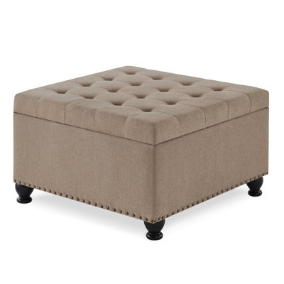 Large Square Storage Ottoman With Wooden Legs, Upholstered Button Tufted Coffee Table With Nail Trims