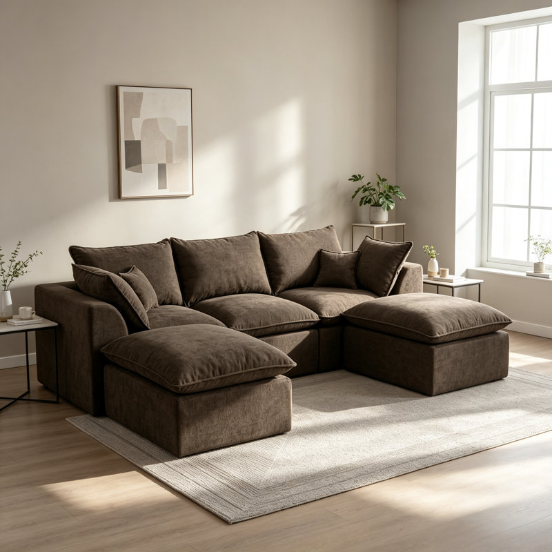 Canapé modulaire en forme de L Cloud, canapé modulaire en forme de L 3 places, avec repose-pieds amovible à 2 sièges profonds et brun, sans assemblage, brun
