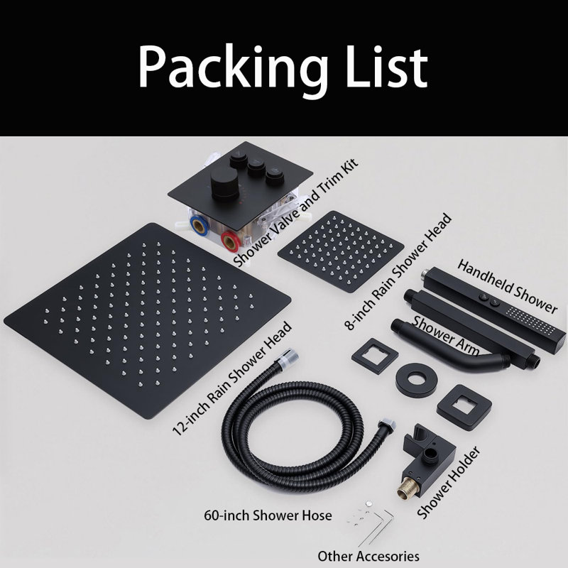 12+ 8" Ceiling Mount Rain Shower And 2 In 1 Handhled, Push Button 3 Modes Valve Complete Shower Set, Matte Black