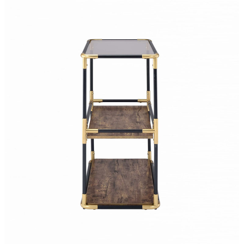 Hymes Industrial Rectangular Console Table with Smoky Glass Top in Black and Gold