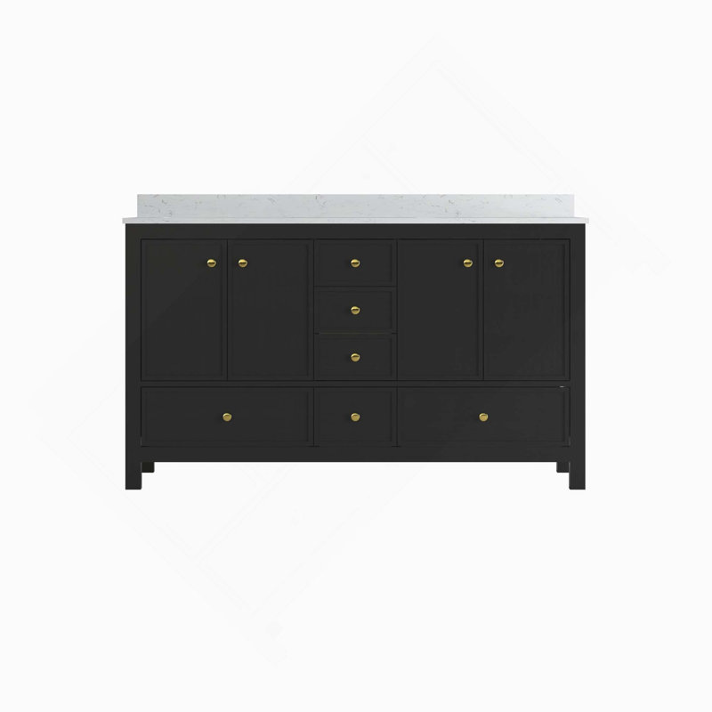 Meuble-lavabo double avec portes et tiroirs, Noir, 60"