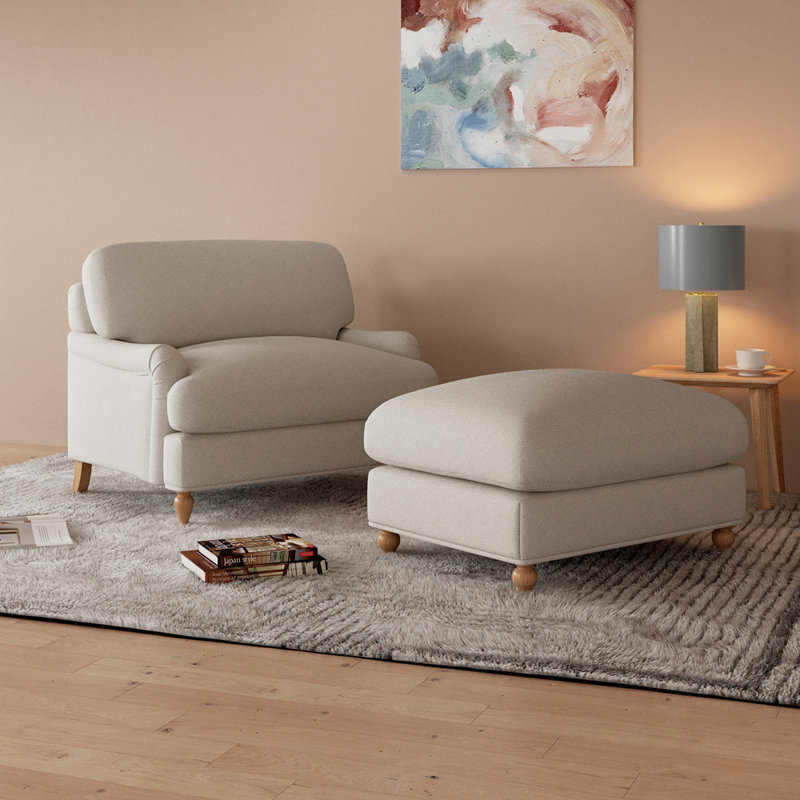 Odonegan Upholstered Armchair With Footstool, Beige Linen