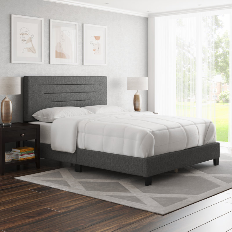 Charcoal Linen Upholstered Full Platform Bed with Headboard