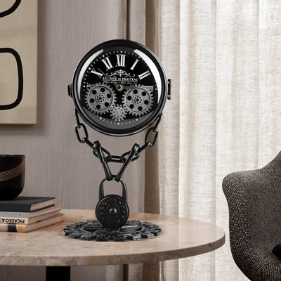 Horloge de table analogique en acier inoxydable noir